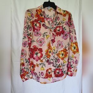 Express Womens Slim Fit Portofino Peach Floral Long Sleeve Chiffon Button Top XS